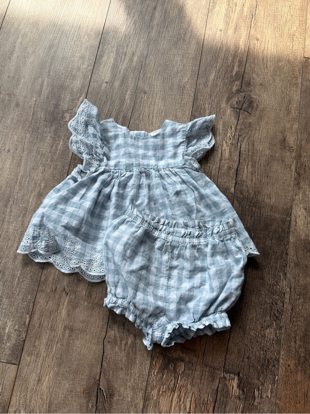 Nordstrom Baby Gingham Eyelet Dress & Bloomer Set Blue 3M 100% Cotton - Picture 2 of 4